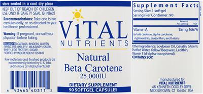 Photo of the Vital Nutrients Natural Beta Carotene 25,000 IU label