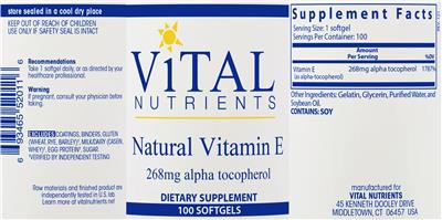 Photo of the Vital Nutrients Natural Vitamin E 400 IU label