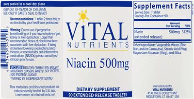 Photo of the Vital Nutrients Niacin 500 mg label