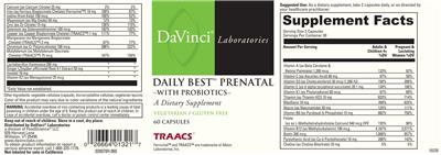 Photo of the DaVinci Laboratories Daily Best Prenatal with Probiotics label