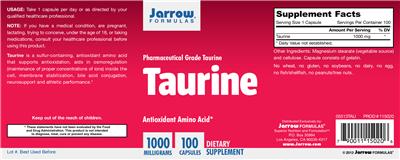 Photo of the Jarrow Formulas Taurine 1000 mg label