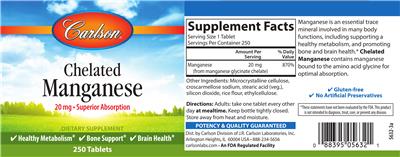 Photo of the Carlson Chelated Manganese 20 mg label