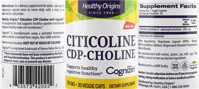 Photo of the Healthy Origins Citicoline CDP-Choline 250 mg label