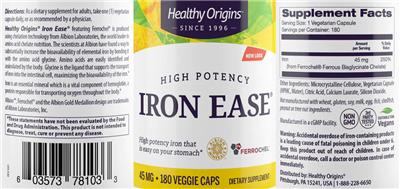 Photo of the Healthy Origins Iron Ease 45 mg label
