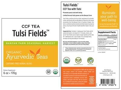 Photo of the Banyan Botanicals CCF Tea Tulsi Fields label