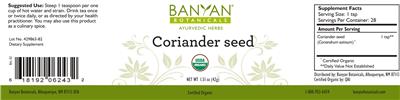 Photo of the Banyan Botanicals Coriander Seed label