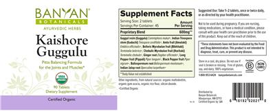 Photo of the Banyan Botanicals Kaishore Guggulu label