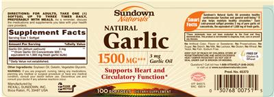 Photo of the Sundown Naturals Natural Garlic 1500 mg label