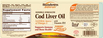 Photo of the Sundown Naturals Double Strength Cod Liver Oil With Vitamin D3 label