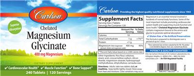 Photo of the Carlson Chelated Magnesium Glycinate 400 mg label