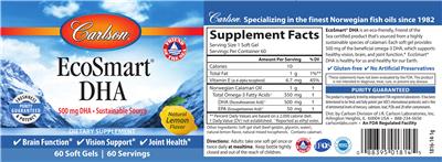 Photo of the Carlson EcoSmart DHA 500 mg Natural Lemon Flavor label