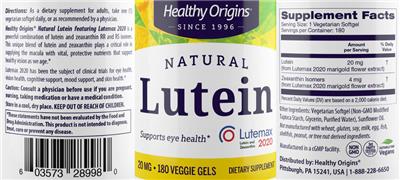 Photo of the Healthy Origins Lutein 20 mg label