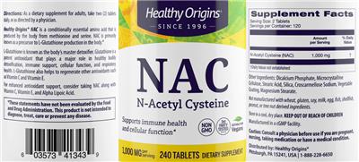 Photo of the Healthy Origins NAC 1,000 mg label