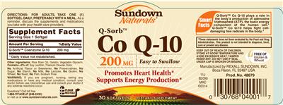 Photo of the Sundown Naturals Q-Sorb Co Q-10 200 mg label