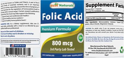 Photo of the Best Naturals Folic Acid 800 mcg label