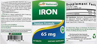 Photo of the Best Naturals Iron 65 mg label