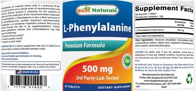 Photo of the Best Naturals L-Phenylalanine 500 mg label