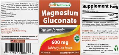 Photo of the Best Naturals Magnesium Gluconate 600 mg label