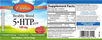 Photo of the Carlson Healthy Mood 5-HTP Elite 100 mg Natural Raspberry Flavor label
