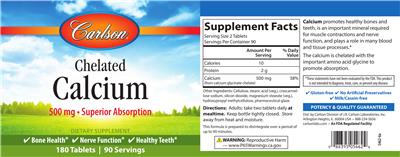 Photo of the Carlson Chelated Calcium 500 mg label