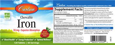 Photo of the Carlson Chewable Iron 30 mg Natural Strawberry Flavor label
