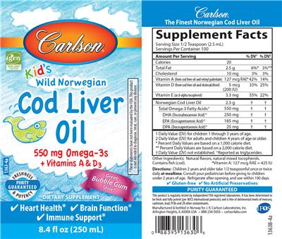 Photo of the Carlson Kid's Cod Liver Oil Bubble Gum label