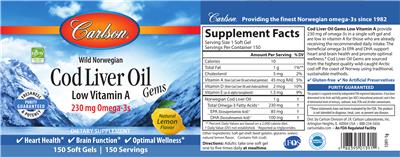 Photo of the Carlson Cod Liver Oil Gems Low Vitamin A Natural Lemon Flavor label