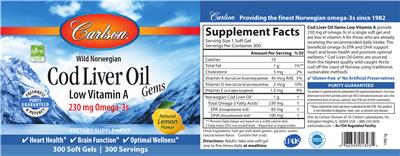 Photo of the Carlson Cod Liver Oil Gems Natural Lemon Flavor label