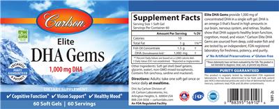 Photo of the Carlson Elite DHA Gems 1,000 mg DHA label