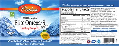 Photo of the Carlson Elite Omega-3 Gems 1,600 mg Natural Lemon Flavor label