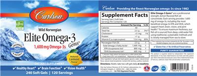 Photo of the Carlson Elite Omega-3 Gems 1,600 mg Natural Lemon Flavor label