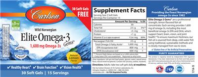 Photo of the Carlson Elite Omega-3 Gems 1,600 mg Natural Lemon Flavor label