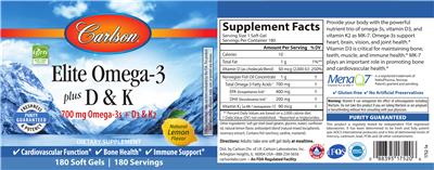 Photo of the Carlson Elite Omega-3 plus D & K Natural Lemon Flavor label