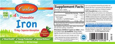 Photo of the Carlson Kid's Chewable Iron 15 mg Natural Strawberry Flavor label