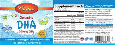 Photo of the Carlson Kid's Chewable DHA 100 mg Bursting Orange Flavor! label