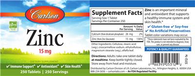 Photo of the Carlson Zinc 15 mg label