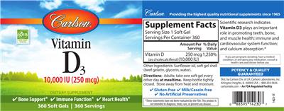 Photo of the Carlson Vitamin D3 10,000 IU (250 mcg) label