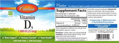 Photo of the Carlson Vitamin D3 1,000 IU (25 mcg) label