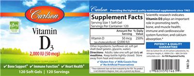 Photo of the Carlson Vitamin D3 2,000 IU (50 mcg) label