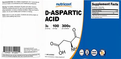 Product label for D-Aspartic Acid 3 g Unflavored