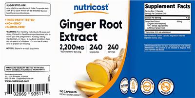 Product label for Ginger Root Extract