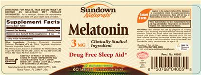 Product label for Melatonin 3 mg