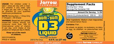 Photo of the Jarrow Formulas Yum-Yum D3 Liquid 200 IU Lemon Flavor label
