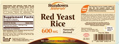 Photo of the Sundown Naturals Red Yeast Rice 600 mg label