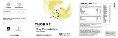 Product label for Whey Protein Isolate Vanilla Flavored