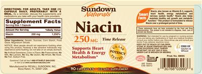 Photo of the Sundown Naturals Niacin 250 mg Time Release label
