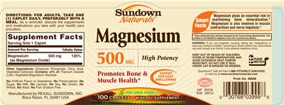 Photo of the Sundown Naturals Magnesium 500 mg High Potency label
