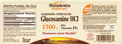 Photo of the Sundown Naturals Maximum Strength Glucosamine HCl 1500 mg Plus Vitamin D3 label