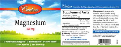 Photo of the Carlson Magnesium 350 mg label