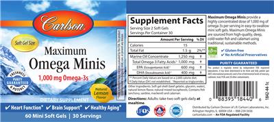Photo of the Carlson Maximum Omega Minis 1,000 mg Natural Lemon Flavor label